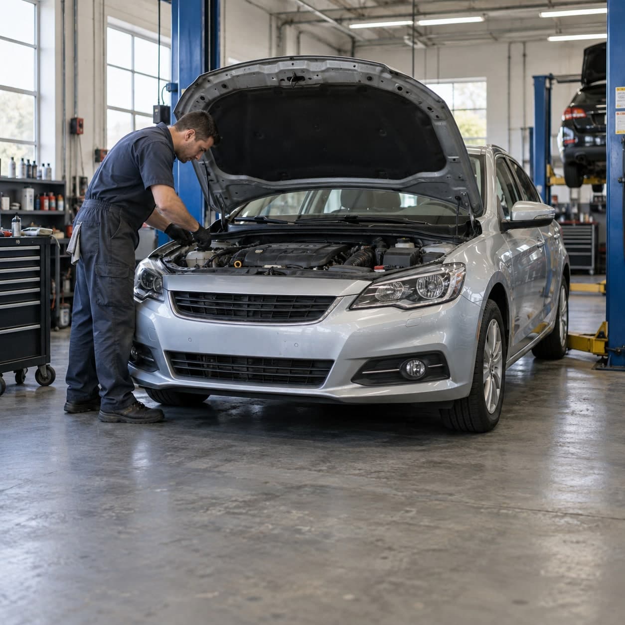 A mechanic working on a silver car with its hood open in an automotive service workshop.