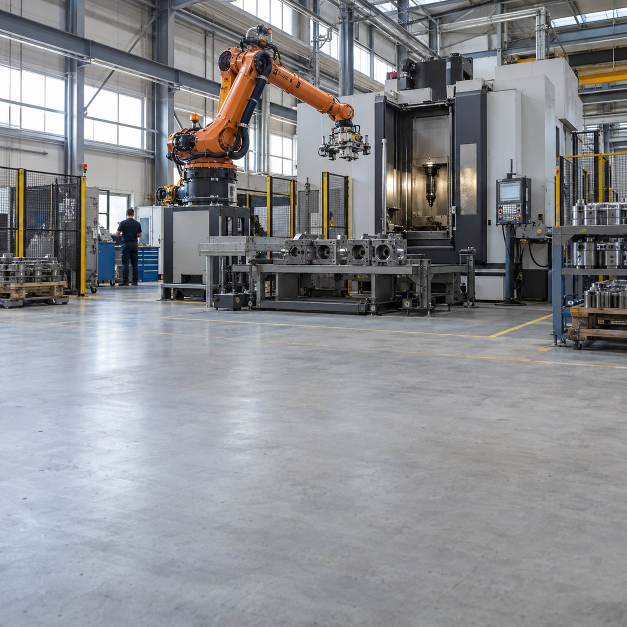 An orange industrial robot and large machining equipment in a modern manufacturing hall.