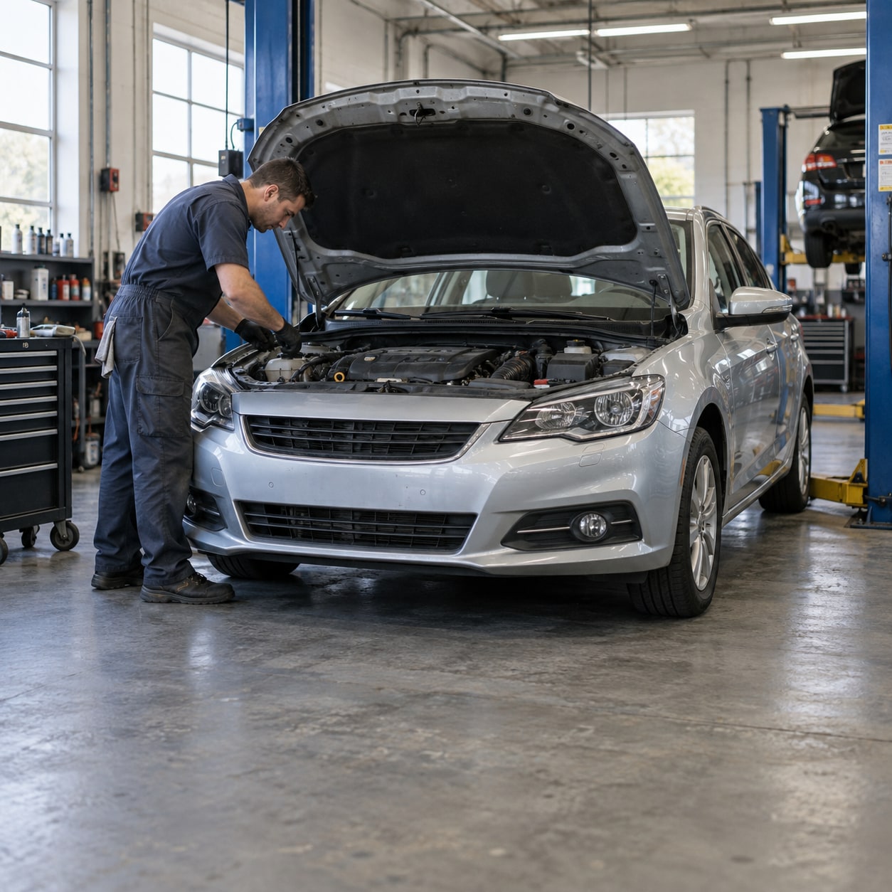 A mechanic working on a silver car with its hood open in an automotive service workshop.