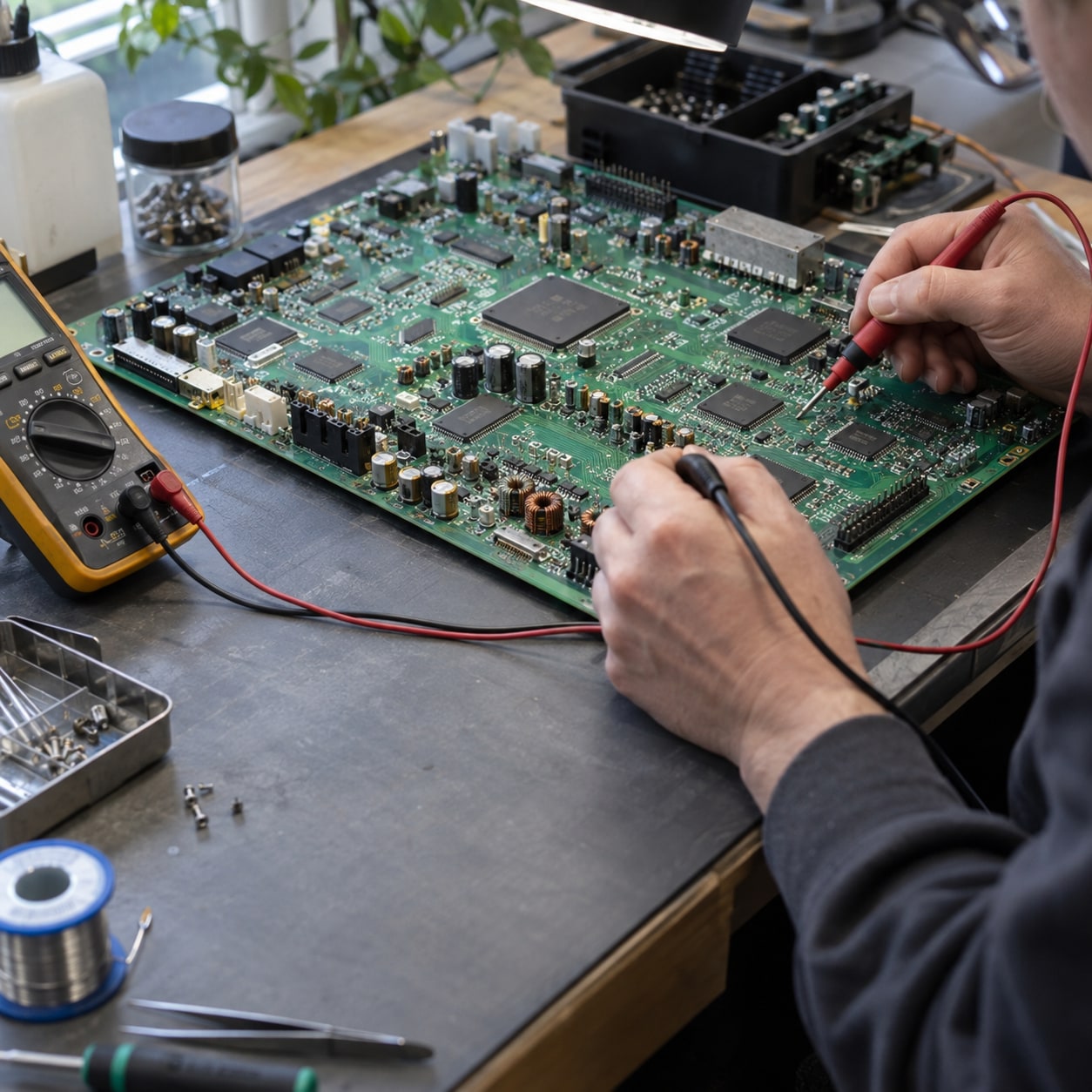 A technician testing a green circuit board with probes and a multimeter at an electronics workbench.