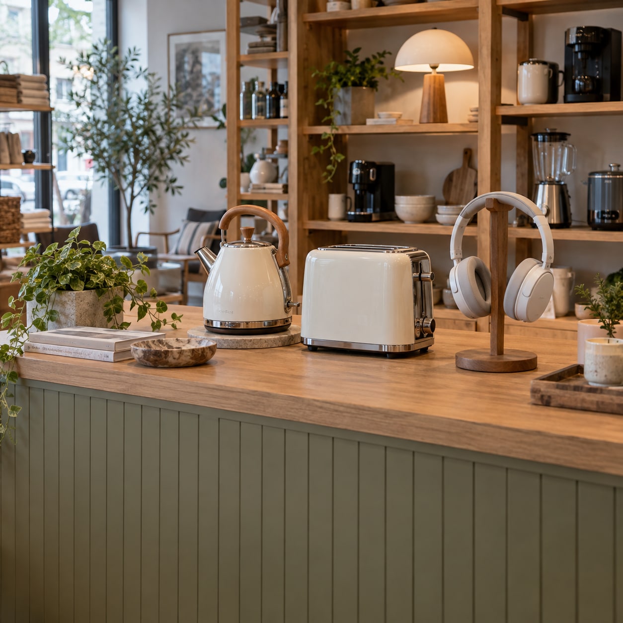 A kettle, toaster, headphones and lighting displayed in a contemporary homeware shop.